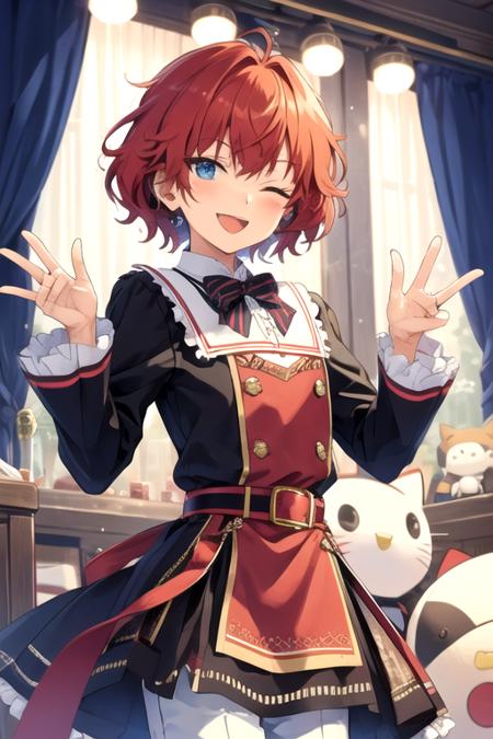 <lora:HiiroAmagi-01:0.7>,hiiro, solo, looking at viewer, smile, short hair, open mouth, blue eyes,  long sleeves, 1boy, bow, ribbon, holding, male focus, red hair, cowboy shot, frills, one eye closed, belt, pants, hand up, stuffed toy, stuffed animal, ;d, frilled sleeves, waving, white pants, idol, holding stuffed toy, stuffed cat, idol clothes, hello kitty, hello kitty \(character\),