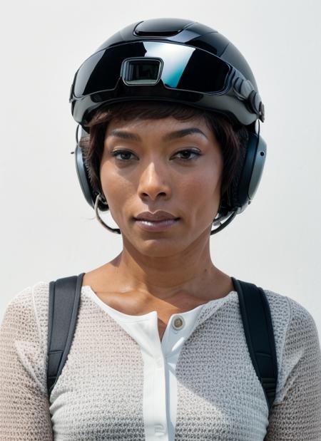 ab1  <lora:AngelaBassett:1>, headshot, woman, solo, woman Wearing an augmented reality interface helmet: tech-infused helmet, AR interface, vital data display, enhanced awareness.,  full body, full body shot, white background, no background, PNG, natural lighting, no shadows, ultra detailed, hyperrealistic, 80mm, 4k, 8k, 8k realistic, sharp focus, intricate, high resolution