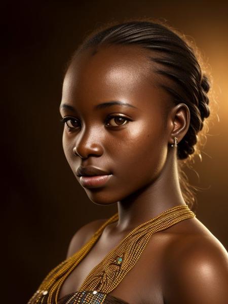 award winning portrait photo of an young ugandan woman, bokeh, backlit, (brown color in detail:1.1), telephoto, elegant atmosphere, realistic, intricate details, true skin tone