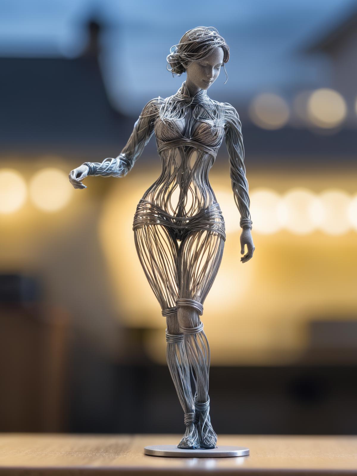 A silver wire art model of a woman posing in a skimpy dress.