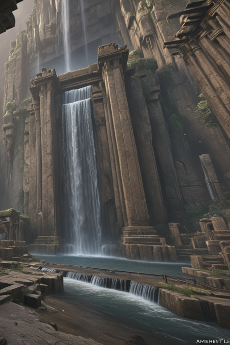 perfect lighting, masterpiece, realistic, albrecht, fantasy, waterfall, ancient tech ruins, scenery, cinematic photography  <lora:albrecht_labs:1>