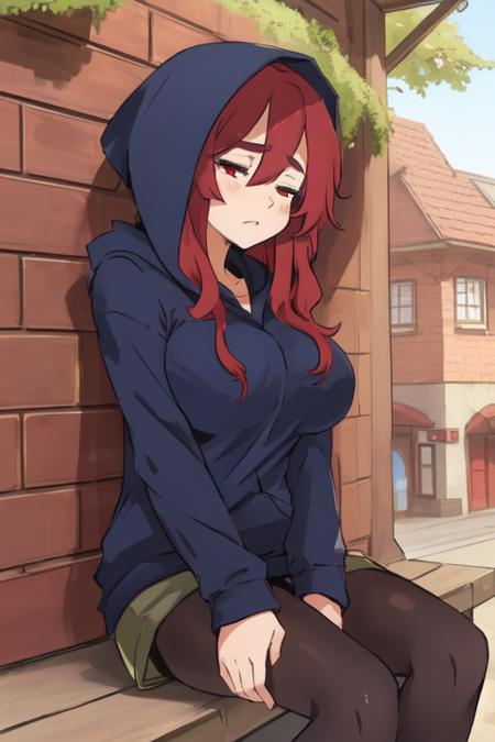 Nachiroux, red eyes, long red hair, half-closed eyes,  bored, solo,  sitting in shade, hot day, 
Colbert,long sleeves, black hoodie, hood up, shorts, pantyhose, brown shoes, 
large breasts, 
fantasy, in town square,  morning,  
(insanely detailed, beautiful detailed face, masterpiece, best quality),
 <lora:Nachiroux:0.7>