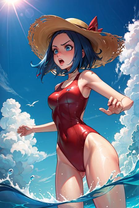 masterpiece, best quality, pkmntmg, sun hat, red one-piece swimsuit, scared, ocean, standing in water <lora:teammagmagrunt-nvwls-v1-000010:0.8>  <lora:GoodHands-beta2:1>