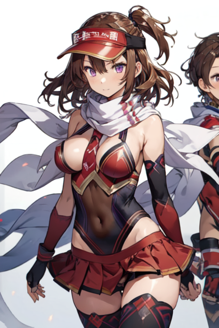 YukiTengoku, 1girl, solo, miniskirt, red skirt, large breasts, brown hair, one side up, black thighhighs, elbow gloves, holding, brown eyes, purple eyes, fingerless gloves, scarf, red leotard, highleg leotard, sideboob, covered navel, highleg, visor cap, white scarf, 