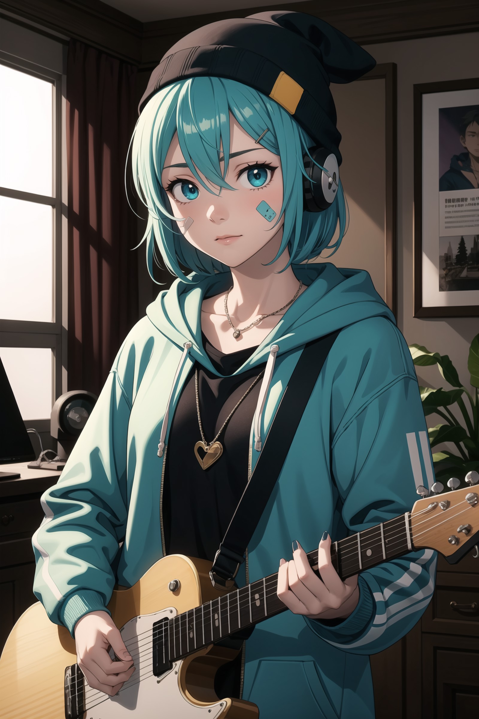 detailed_background,indoors,aqua_hair,holding_phone,hairclip,hair_between_eyes,guitar,beanie,straight-on,looking_at_viewer...