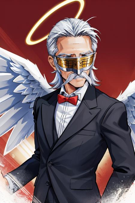 masterpiece, best quality, upper body, cowboy shot, smile
 <lora:zs_Yamaoka:1> yamaokap1, yamaokamask, formal, facial hair, suit, mustache, grey hair, old man, old, beard, bowtie halo, mask, feathered wings, angel