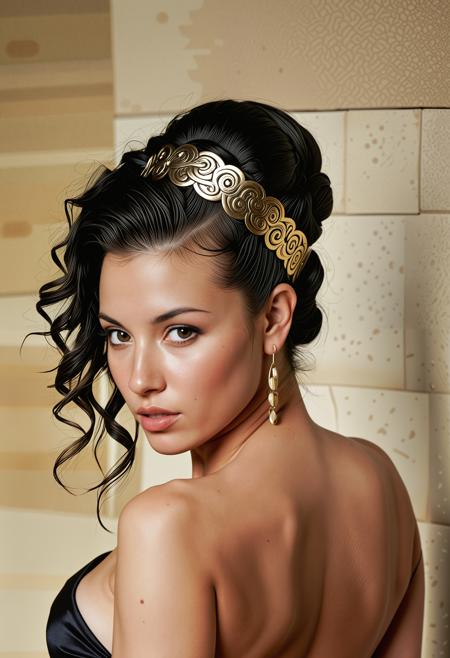 analogue portrait photo clear focus, high resolution image, of a beautiful 25 years Beautiful Greek woman, olive skin, dark hair, <lora:Aphrodite_SDXL_V2:0.8> , wearing Backless bra, Samurai Mask Tattoo,Egyptian-inspired Design Tattoo, Baroque-inspired Tattoo, (Classic asymmetry hairstyle:1.6),,photo Fantasy art combining the styles of Boris Vellejo and Luis Royo,Photorealistic, real photo, god rays, 1girl, 21yo,realistic, ,Sexy pose, erotic pose, exhibitionism ,futuristic parkour arena