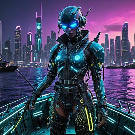 A futuristic android fisherman with a sleek, metallic humanoid design, integrated with subtle aquatic features (e.g., fin-like accents, glowing blue circuits), preparing for fishing on a high-tech boat at sea. The android wears a cyberpunk-inspired fisherman outfit (waterproof techwear jacket, utility belt, no exposed skin or nipples), handling advanced fishing gear (e.g., holographic nets, sonic harpoons). The ocean is vast, with bioluminescent waves under a neon-lit cyberpunk sky. The boat is sleek, with glowing panels and robotic drones assisting. Background features a distant cyberpunk coastal city with neon skyscrapers and floating platforms. Ultra-detailed, 8K resolution, cinematic lighting, vibrant neon colors (blue, purple, green), gritty yet futuristic cyberpunk aesthetic, PG-13 safe,
8k, score_9, score_8_up, score_7_up,
masterpiece,realistic,ultra detailed, vibrant colors,photo-realistic,
Transistors