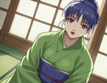 yuriko shiratori, red eyes, blue hair, ponytail, hair bun, single hair bun, makeup, lipstick, red lips, braid, french braid, japanese clothes, kimono, sash, obi, green kimono,