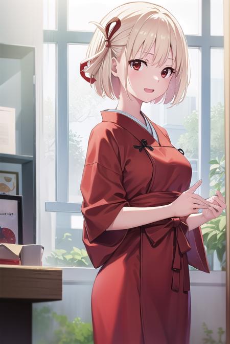 chisatonishikigi, <lora:chisatonishikigi-lora-nochekaiser:1>, 
nishikigi chisato, short hair, bangs, blonde hair, (red eyes:1.5), hair ribbon, one side up, bob cut, <lora:smirkingeye_v100:1>, <lora:smirkingmouth_v100:1> open mouth, smile,
BREAK japanese clothes, kimono, apron, red ribbon, waitress, red kimono,
BREAK indoors, cafe,
BREAK looking at viewer, (cowboy shot:1.5),
BREAK <lyco:GoodHands-beta2:1>, (masterpiece:1.2), best quality, high resolution, unity 8k wallpaper, (illustration:0.8), (beautiful detailed eyes:1.6), extremely detailed face, perfect lighting, extremely detailed CG, (perfect hands, perfect anatomy),