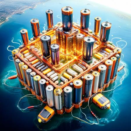 a floating city hovering on magnetic repulsion, buildings made from compressed battery banks, neon veins threading between structures, elevators powered by static bursts, citizens in voltage suits gliding through air lanes, B4TT3R13S, made of batteries