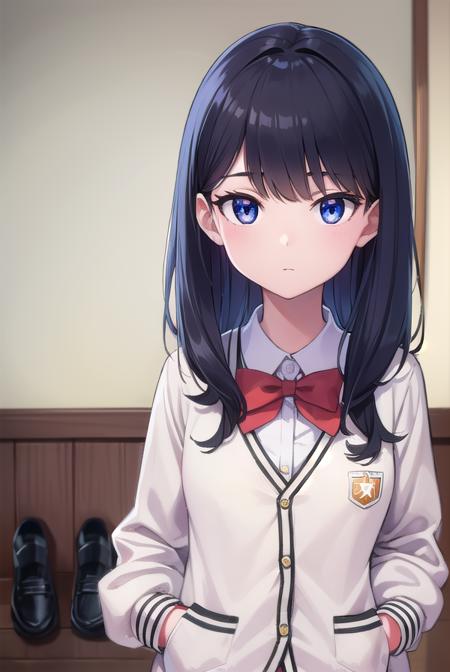 rikka takarada, black hair, blue eyes, long hair, orange scrunchie, scrunchie, wrist scrunchie black footwear, black skirt, bow, bowtie, buttons, cardigan, collared shirt, long sleeves, microskirt, pleated skirt, red bow, red bowtie, red socks, school uniform, shirt, shoes, skirt, socks, thighs, white cardigan, white shirt,