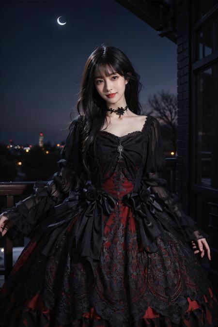 best quality, masterpiece, photorealistic, 1girl, solo, cowboy shot, long black hair, straight hair, blunt bangs, looking at viewer, smile, lo dress, layered dress, frills, choker, long dress, long sleeves, wide sleeves, castle, night, moon, detailed background, <lora:lo_dress_gothic_style2_v2:0.7>