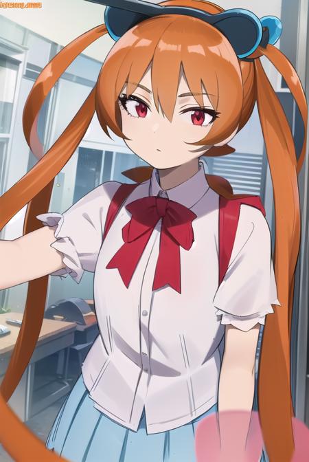 alisa southerncross, long hair, hair ornament, animal ears, twintails, (red eyes:1.3), cat ears, orange hair, skirt, shirt, bow, white shirt, short sleeves, wings,