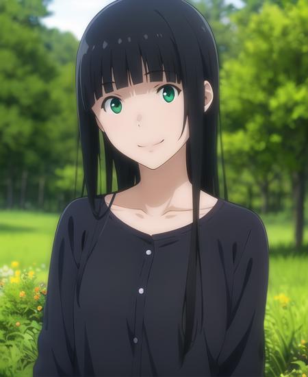 kowata makoto,(anime art:1.1),1girl, solo, green eyes, black hair, long hair, tree, nature, forest, collarbone, smile, bangs, outdoors, upper body, looking to the side, blunt bangs, anime coloring,smile,