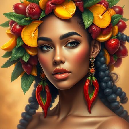 A stunning close-up portrait of a beautiful woman with vibrant, flowing hair made of assorted tropical fruits like mango slices, grapes, strawberries, and citrus twists. She wears elegant, dangling chili pepper earrings that add a bold and spicy flair to her look. Her expression is confident and mysterious, with radiant skin and subtle natural makeup. The background is a soft, dreamy blend of warm tropical hues. Hyper-realistic style, vivid colors, ultra-detailed textures, fantasy-inspired, digital painting.