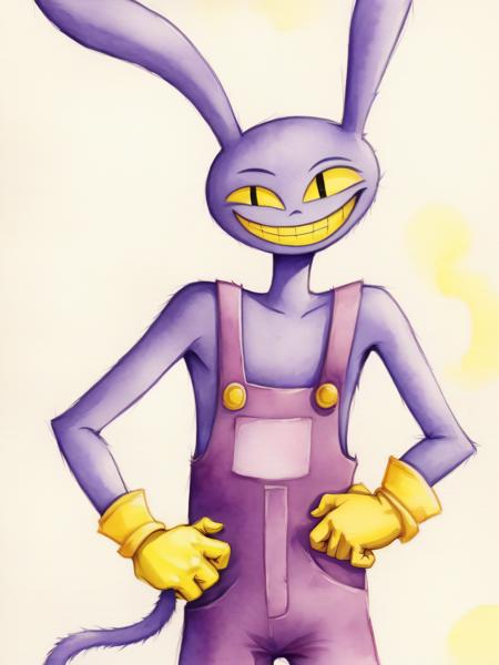 Watercolor painting  JaxAmazing , bunny man , purple fur , yellow gloves, purple overalls, naked overalls , smile <lora:JaxAmazingSDXL-000007:0.73>
 . Vibrant, beautiful, painterly, detailed, textural, artistic