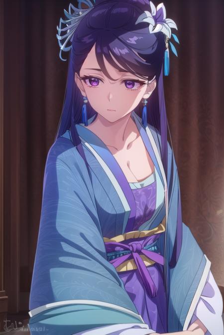 lihua, <lora:lihua s1-lora-nochekaiser:1>,
lihua, long hair, (purple eyes:1.1), purple hair, flower, earrings, hair flower, makeup, lipstick,
BREAK cleavage, jewelry, chinese clothes, hanfu,
BREAK indoors,
BREAK looking at viewer, (cowboy shot:1.5),
BREAK <lyco:GoodHands-beta2:1>, (masterpiece:1.2), best quality, high resolution, unity 8k wallpaper, (illustration:0.8), (beautiful detailed eyes:1.6), extremely detailed face, perfect lighting, extremely detailed CG, (perfect hands, perfect anatomy),