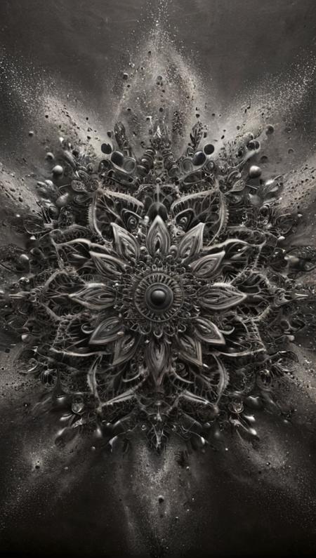 Ornemental  black grey abstract arabesques, mandala, tattoo, ais-darkpartz, back<lora:Dark_Particles_Style_SDXL:1.0>