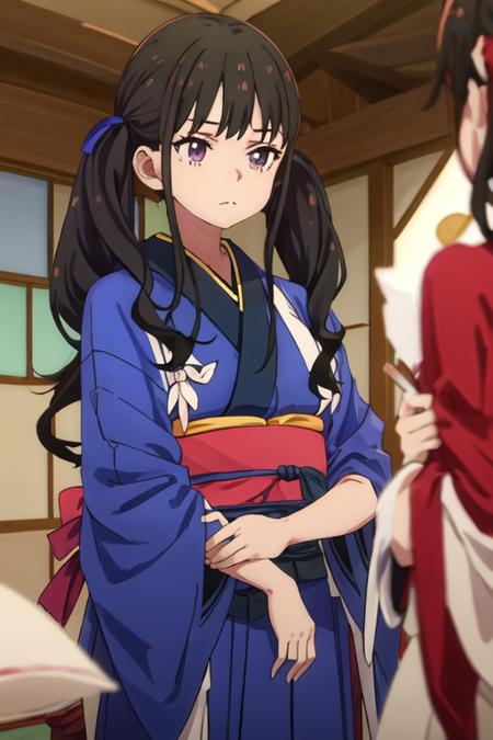 best quality, masterpiece, highres, solo, {inoue_takina_lycorisrecoil:1.15}, black_hair, long_hair, bangs, purple_eyes, closed_mouth, ribbon, green_ribbon, neck_ribbon, 1girl, blue_kimono, japanese_clothes, kimono, twintails, upper_body