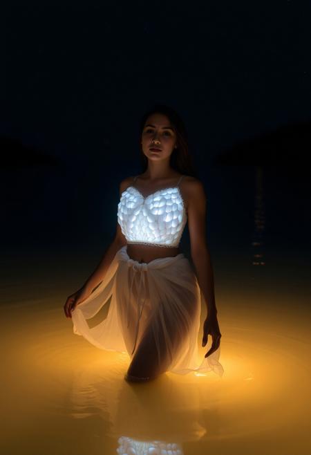 A woman, standing gracefully in the calm, illuminated waters of a serene bay, wears an opalescent shell breastplate that glows softly in the moonlight. The flowing, sheer fabrics wrapped around her waist blend seamlessly with the glowing water, creating a peaceful, dreamlike setting under the clear, starry sky.