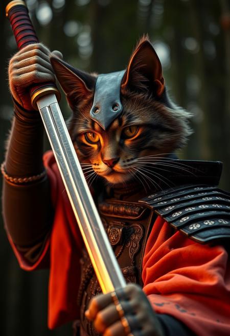 A realiatic photo of a humanoid cat samurai holding one large Japanese sword, holding that one sword over their head in a battle stance, they cat-like hands covered in fur, sharp focus, faint golden glow in eyes, intense expression, upper body, samurai armor, bamboo forest, dusk
