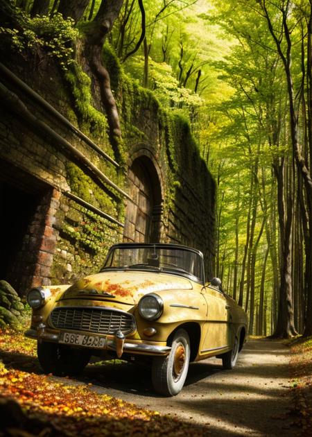 RAW photo, (beige rusty metal cabrio car:1.1), front view, deep fantasy forests, intertwined roots, autumn, blue sky, falling leaves, (medieval fortress ruin:1.1), cracked asphalt, volumetric lights, cinematic,
realistic, 8k uhd, dslr, cinematic lighting, high quality, film grain, Fujifilm XT3
<lyco:skoda-felicia-cabrio-loha:0.95> <lora:entropy-alpha:.05>