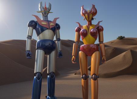 , a COUPLE (afrodit4 robot ) and mazinger 3d render, volumetric lighting, photorealistic  <lora:Mazingery02:.8>