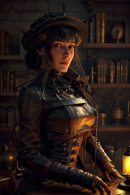 score_9, score_8_up, score_7_up Portrait of a very sexy girl steampunk detective sitting at a cluttered desk, focusing on her intense expression. She has a gentle look, and wears a dark Victorian coat and a white blouse witn a noticeable cleavage.  Medium sized breast. The lighting is warm from a single flickering oil lamp on the desk, casting shadows across his face. The background is blurred, with only hints of gears and bookshelves. The scene is richly detailed in sepia tones, creating a mysterious, close-up, waist-up composition