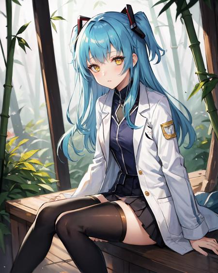 best quality, (masterpiece:1.2), illustration, absurdres,
(1girl, solo), (beautiful detailed girl),
<lora:TioCS3:0.9>,  Tio Plato, yellow eyes, aqua hair, long hair, two side up, small breasts,
fake animal ears,
(lab coat:1.1), black dress,  pleated skirt, black thighhighs, grey boots,
looking at viewer,
in bamboo forest, chinese architecture, stream,,
(legs apart:1.2), (upper body, portrait),