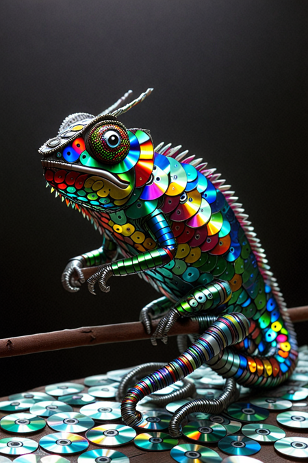 chameleon made of cd's, cinematic photography  <lora:CDs_SDXL:1>