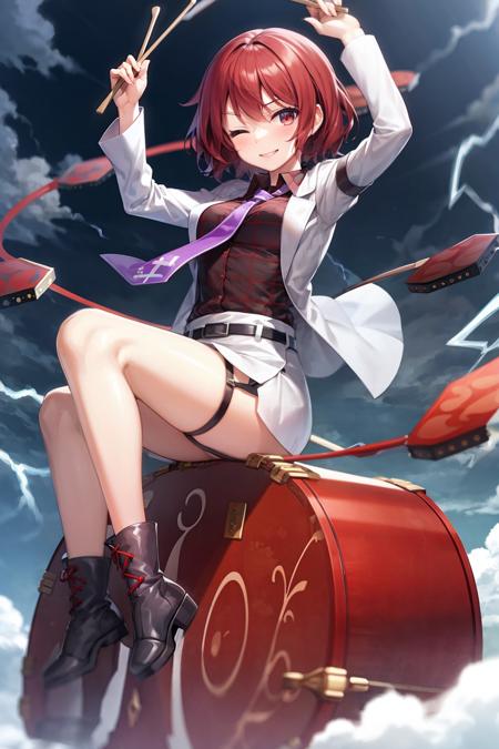 masterpiece, best quality,  <lora:RaikoHorikawa:1>,1girl, horikawa raiko, solo, drumsticks, thighhighs, red hair, drum, lightning, one eye closed, instrument, garter straps, red eyes, skirt, necktie, black thighhighs, purple necktie, mitsudomoe (shape), tomoe (symbol), short hair, jacket, shirt, boots, plaid shirt, plaid, electricity, smile, looking at viewer, breasts, miniskirt, cloud, arm up, musical note, belt, long sleeves, medium breasts, zettai ryouiki