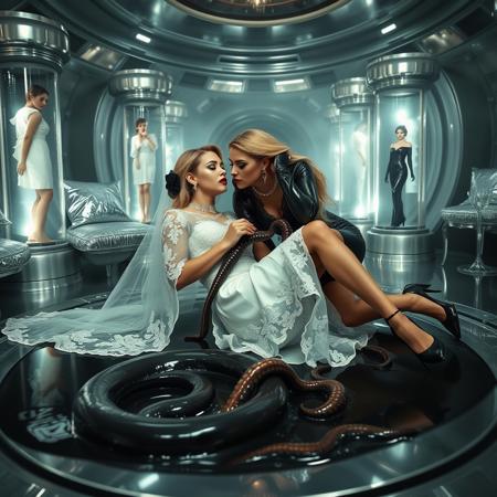 2girls, Classy elegant glamour  sexy blonde young bride in transparent white  lace cloak  laying getting, ((holding and licking tentacle from the floor), ((kissed and embraced by sexy elegant classy alluring milf in high heels and   black foil catsuit with strapon)), black glossy high heels with strap,  1950s, earrings, massive slave collar, hole in the floor filled with black glossy slime and tentacles , surrounded with foil pillows, weird  stasis tubes with  encased beauties in fashion dresses at background , steel  mirror floor, horror, fog from the hole in the floor, alien spaceship,   ufo interior, sci-fi movies,  wetlook foil sheets, makeup, red lips, ultra thin waist, femine, alluring, very long hair