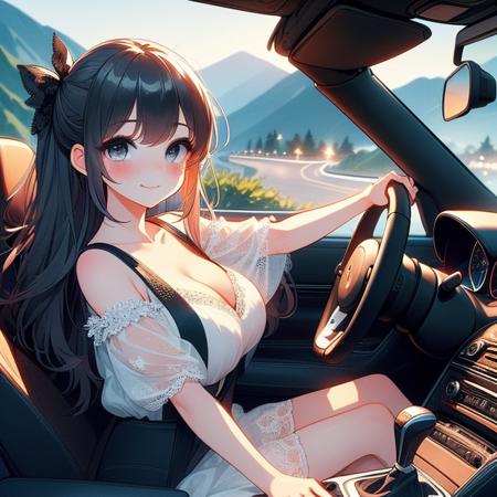 (((masterpiece))),  (((best quality))),  night,  solo,  1girl driving cabrio on mountain road,  (((one-hand fingers holding on steering wheel))),  grace sitting,  drifting,  lace strap cut-out gown,  wind,  cleavage,  big tits,  ribbon updo longhair,  smile,  shy,  blush,<lora:EMS-260531-EMS:1.200000>