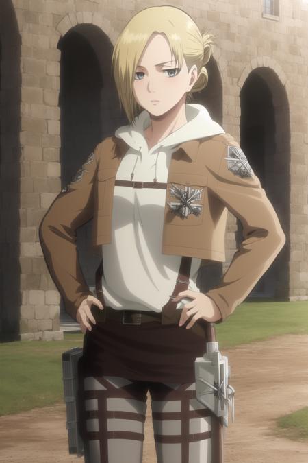 masterpiece, high quality, highres, 1girl, solo,
<lora:Annie-v1-01:1>, blonde hair, short hair, folded ponytail, looking at viewer, (blush:1),
outdoors, field, castle, standing, hand on hip, expressionless,
hood, jacket, belt, hoodie, paradis military uniform, emblem, uniform, three-dimensional maneuver gear, training corps (emblem),