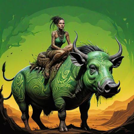 digital illustration: orish Tum Tum woman  sits on the warpainted warthog, A stunning Dremoira woman, poison green color,
Nihilistic Style v3.5 Tum Tum, Deadrasme-dramatic decalcomania,
ultra hyperdetailed masterpiece, Frottage ink canvas, splash art, cadavre paleo mixure, Mysterious mythical art, Grattage and fumage patterns, By Brian Fraud, and David Opscura, eclaboussure,
this surrealistic piece by Art-icimp, a orish infused with a painted ox characteristics serves as the central figure. With grotesque features and hollow eyes reflecting existential ennui, it navigates a dreamlike landscape of soulish trees. The Tum Tum sits at the warthog symbolizes the meaningless pursuit of desire in a nihilistic world.