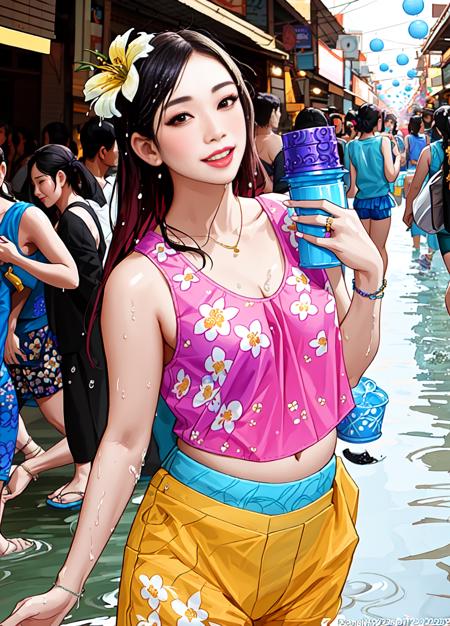 (Round-necked Sleeveless,Krachao top:1.5)(holding Bucket:1.3),photorealistic painting ((full body)) portrait of (( (elder woman:1)))( a smiley (chubby:1.2) Beautiful USA WOMAN,Long Blonde hair:1.3) (at (a Thailand (KAOSANROAD,Street view,Alley,(wet street:0.7),Water splash,Songkran Festival:1.4):1.3):1.1)Sandal,Fitflop,WEaring kcdress  outfits,(krachao (Flower HAwaii print:1.5)  top,(short pant:1.3):1.3)
, ((perfect face)),blush cheek, intricate, 8k, highly detailed, volumetric lighting, digital painting, intense, sharp focus, art by artgerm and rutkowski and alphonse mucha, cgsociety,detailed background,Hasselblad,F22,50mm  <lora:tohdana:0.4>realistic photography,TILT SHIFT,F1.2,LEICA <lora:krachao2:1>