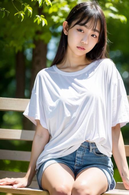 pyoapple, ((solo, 1girl)), RAW, masterpiece, a stunning (extreme close up shot:1.2) portrait of a beautiful (korean) (k-pop idol) ((pale white skin)) young teenage woman (sitting on a bench in a park:1.3), looking at viewer. Slim body, narrow waist, (small breasts:1.2). (Happy smile:1.0), Beautiful Face, Kpop-makeup, eyelashes, blush, eyeliner, smokey eyes, sharp eyes, aegyo sal, alluring expression.(Wearing oversized t-shirt:1.5), Long straight hair, thin bangs, natural lighting, volumetric fog, realistic skin, realistic face skin, perfect face skin, 8K UHD, absurdres, highly detailed, realistic, hyperrealism, <lora:pyoapple_chillout_v1:0.95>