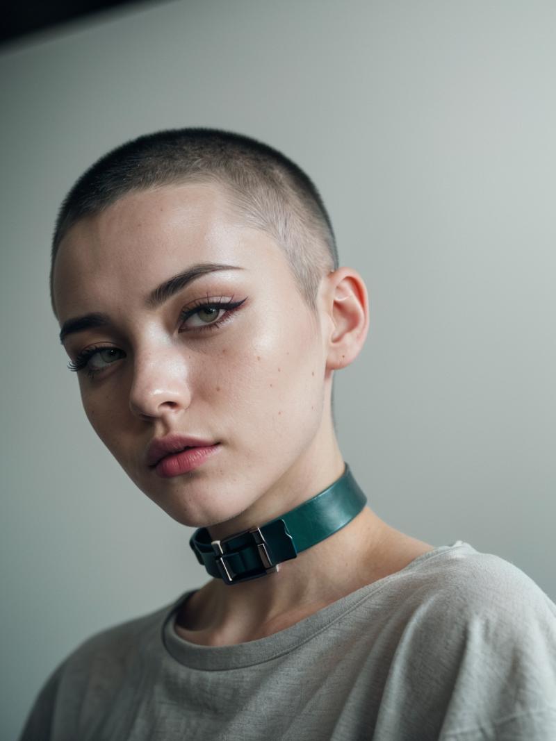 A woman with a shaved head and a green collar.