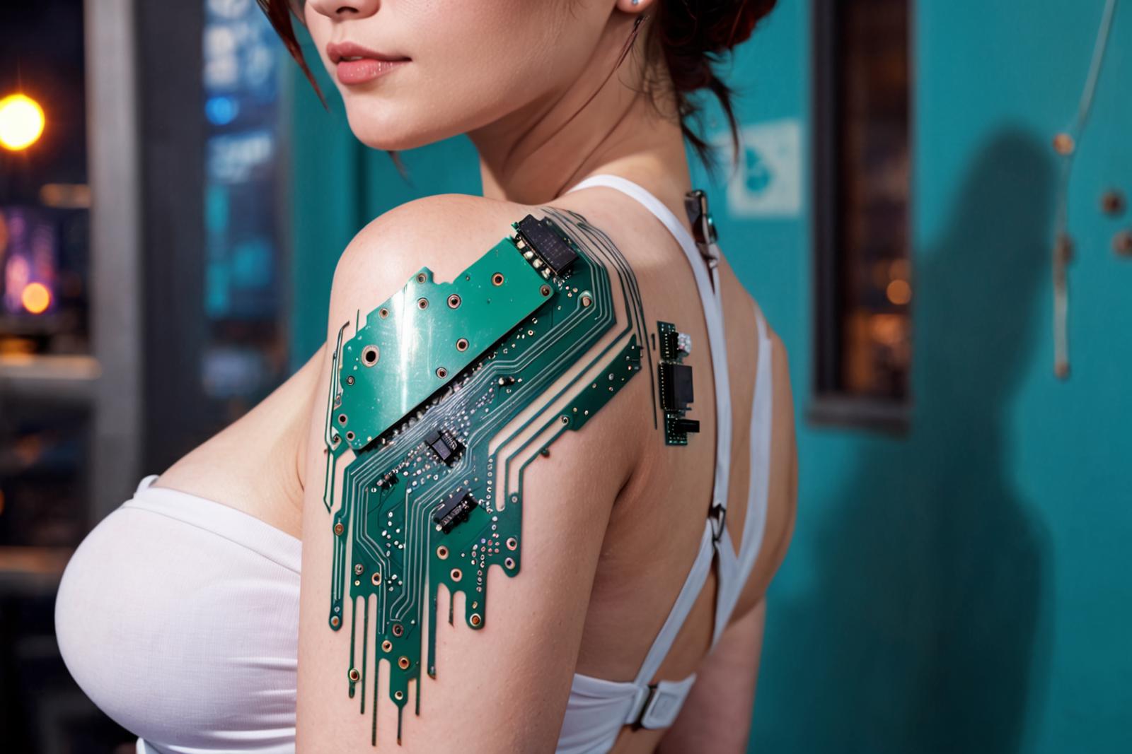A woman with a circuit board tattoo on her back.