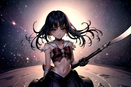 masterpiece, best quality, 1girl,  sailor saturn, gold tiara on her forehead, magical girl, cowboy shot, polearm, space background, magic circle <lora:SailorSaturnV1:1> <lora:as109:1>