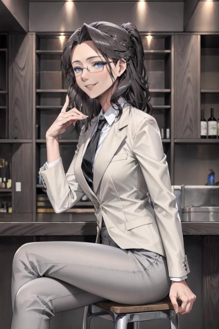 inoris, 1girl, solo, black hair, blue eyes, cowboy shot,grey suit,( grey blazer:1.2), grey pants, white collared shirt, (black necktie:1.2), sitting, bar, indoors,ponytail,night,stool,glasses,smile,(crossed legs,hands on own knees), (best quality, masterpiece) , <lora:inoue_iris_v1:1>