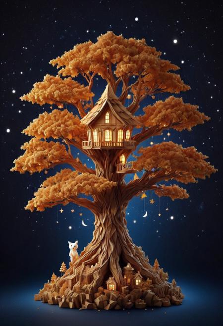 DFC
An intricate origami style portrays a treehouse high in an oak, its windows glowing warmly against a deep blue night.  A child and stuffed animal look at stars, their expressions exaggerated. Folded crisp texture, geometric precision, and a light aura evoke a mystical, ethereal feeling.