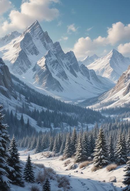 masterpiece, photorealistic, a vast wintry mountain valley, dotted with trees, tall snowcapped mountains, christmas vibes