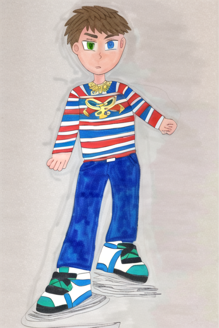 <lora:chrischan:1>, striped shirt, medallion, heterochromia, green eyes, blue eyes, 1boy, solo, simple white background, jeans, aqua footwear, angry, brown hair, short hair,