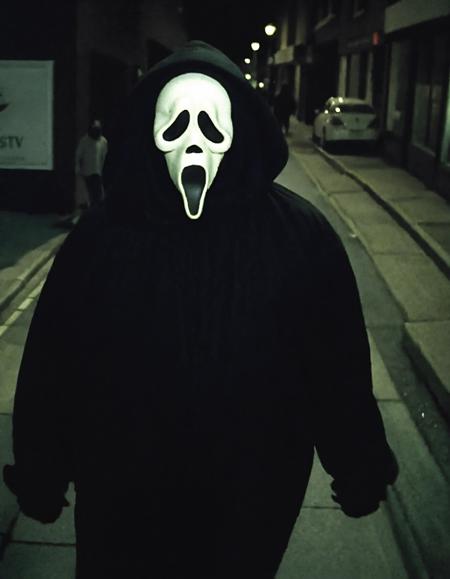 a cctv blurry image,high-angle,taken from a monitor,showing Ghostface walking in the street at night,vhs filter,(low resolution:1.3),grainy,eerie,horror,dark