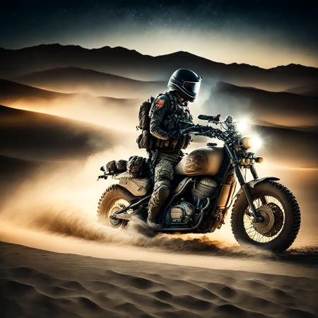 photo, a soldier on a motorcycle in the desert at night (armybiker style:1)  <lora:djzArmyBiker:0.8>