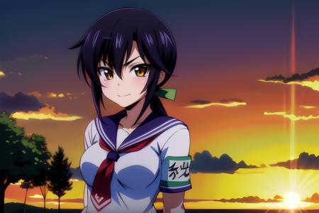 rin misumi, 1girl, solo, smile, serafuku, looking at viewer,  frown, outdoors, in park, almost night, sunset, red sunset, armband, (green armband:1.2), <lora:Rin_Misumi:0.7>,  <lora:GoodHands-vanilla:1>,