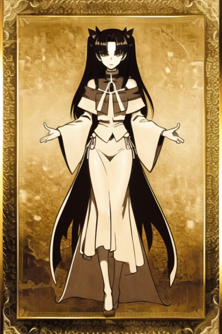 masterpiece, best quality, class card, 1girl, solo, monochrome, sepia, tohsaka rin, <lora:class_card_v3:0.8>, magic circle,