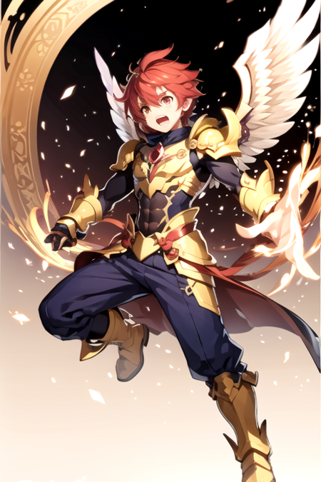 <lora:JinKaien-10:0.745> , jingc, solo, open mouth, 1boy, full body, male focus, red hair, wings, armor, clenched hands, gold armor